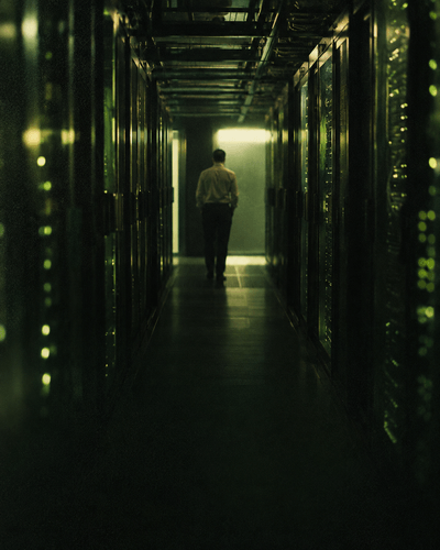 Un ingénieur dans une allée de serveurs, sous une lumière verte diffuse